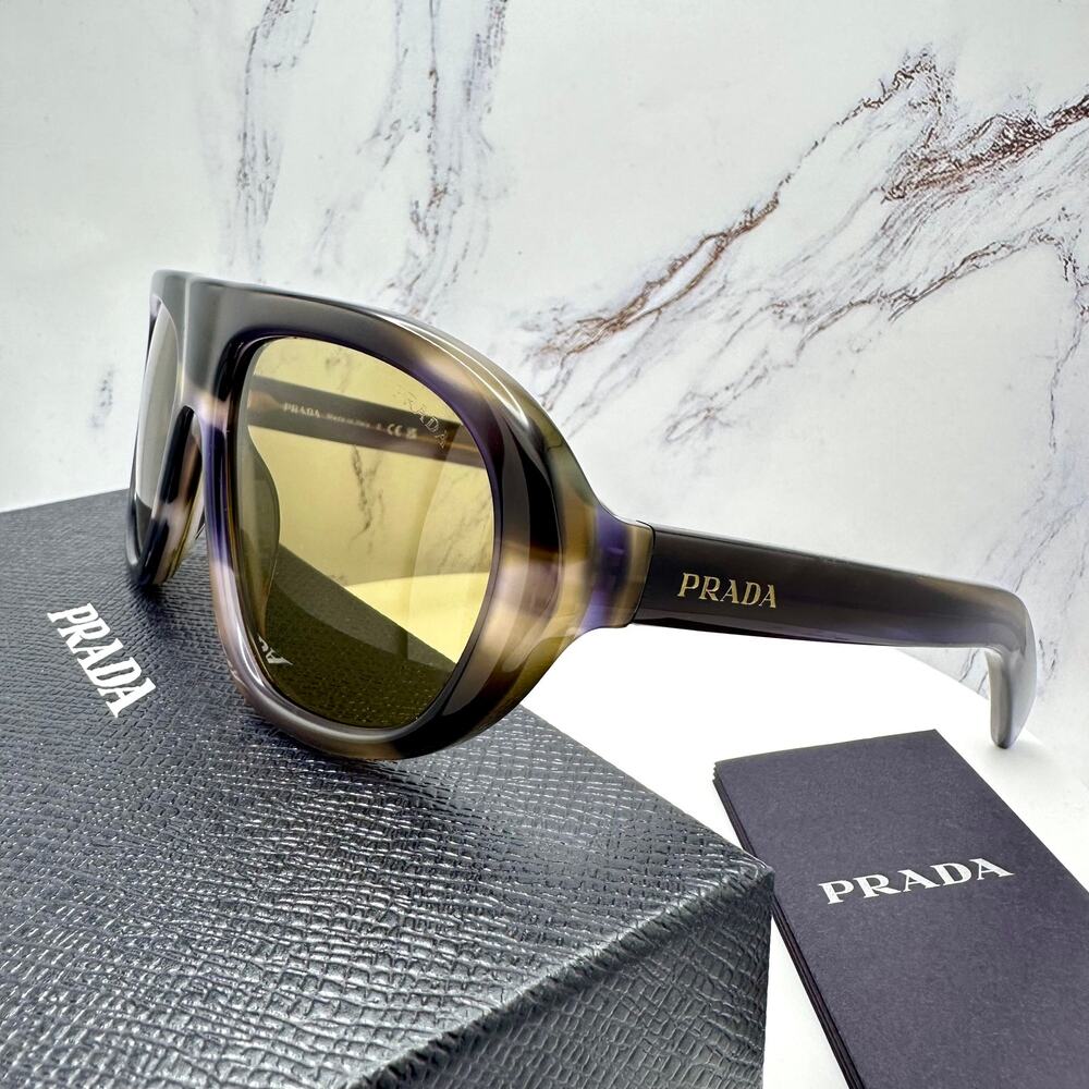 New PRADA Sunglasses Brown Striped Laguna Aviator Shield Mask New - Picture 1 of 16